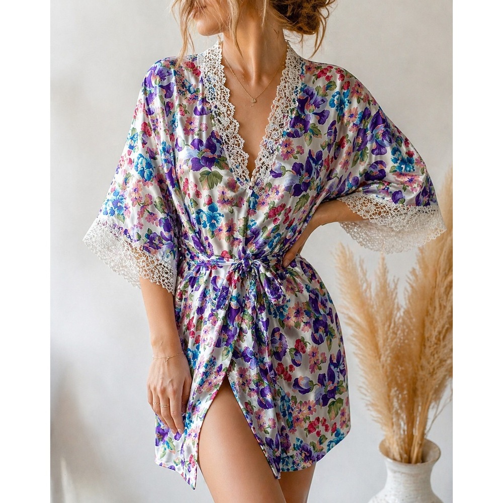 Delicates Robe Womens‎ M Floral Satin Kimono Lace Trim Belted Bridal Pockets